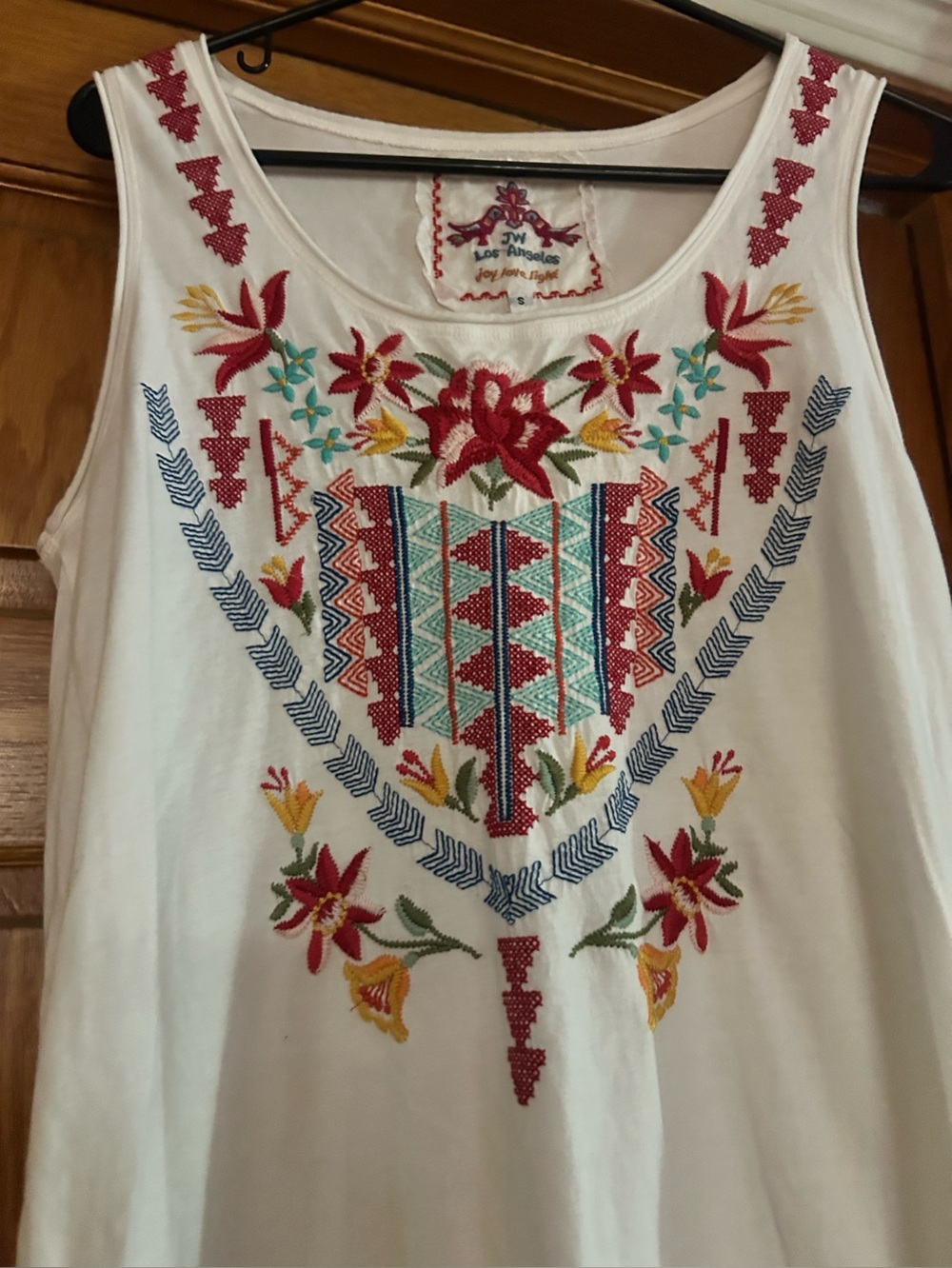 JOHNNY WAS Joy/Love/Light White Cotton Embroidered Hippie Bohemian Top~Sz S